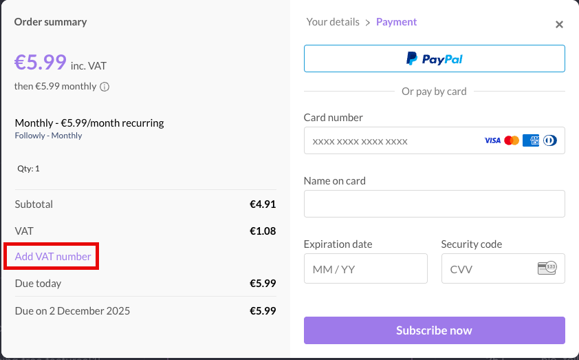Add VAT Number button in checkout order summary